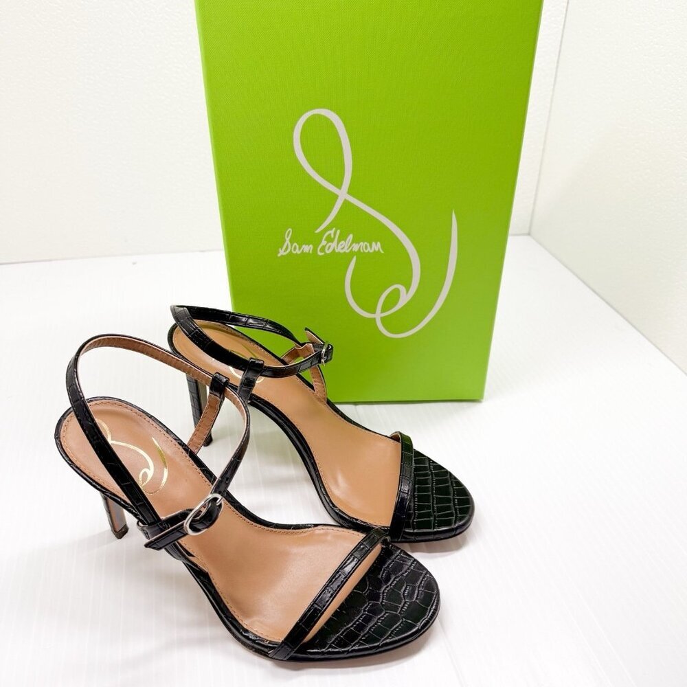 Sam Edelman Doran Black Croc Print Ankle Strap Heels Sandals Stiletto 6M - Picture 9 of 10